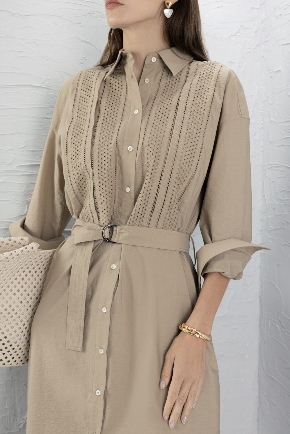 Belted Shirt Dress-CREAM-XS-CLOTHINGDRESSCASUAL-BRUNELLO CUCINELLI