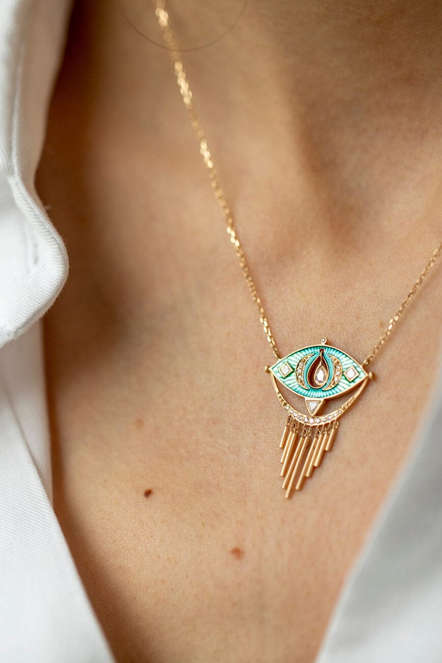 CELINE DAOUST-Blue Green Enamel Eye Necklace-YELLOW GOLD