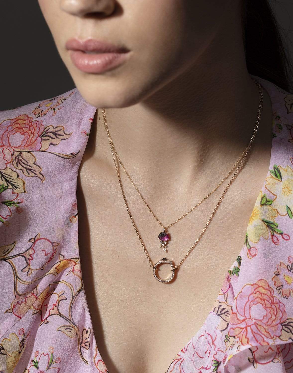 CELINE DAOUST-Pink Tourmaline & Dangling Diamonds Jellyfish Necklace-YELLOW GOLD
