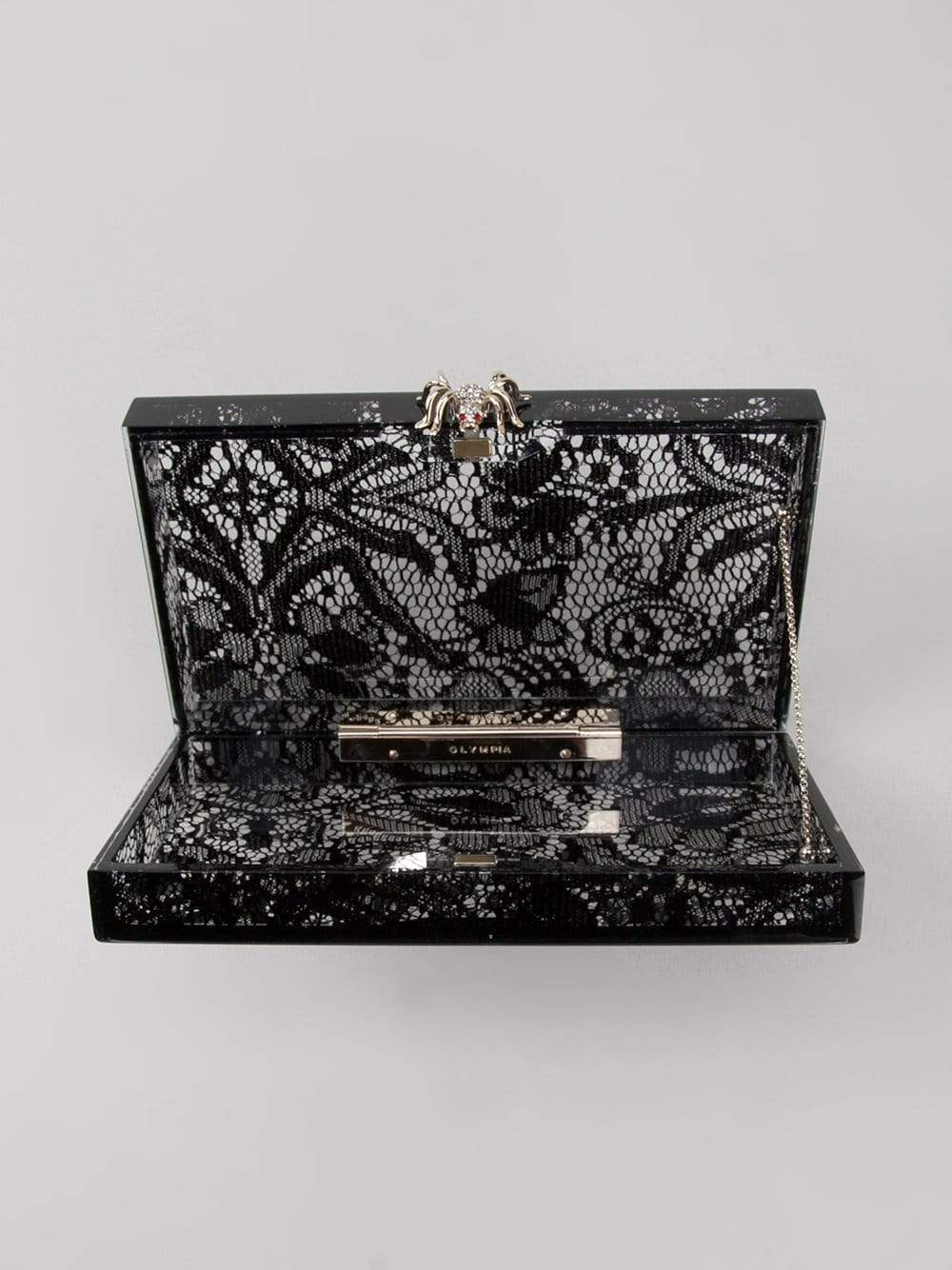 CHARLOTTE OLYMPIA-Pandora Lacey Perspex Clutch-BLK/TRAN