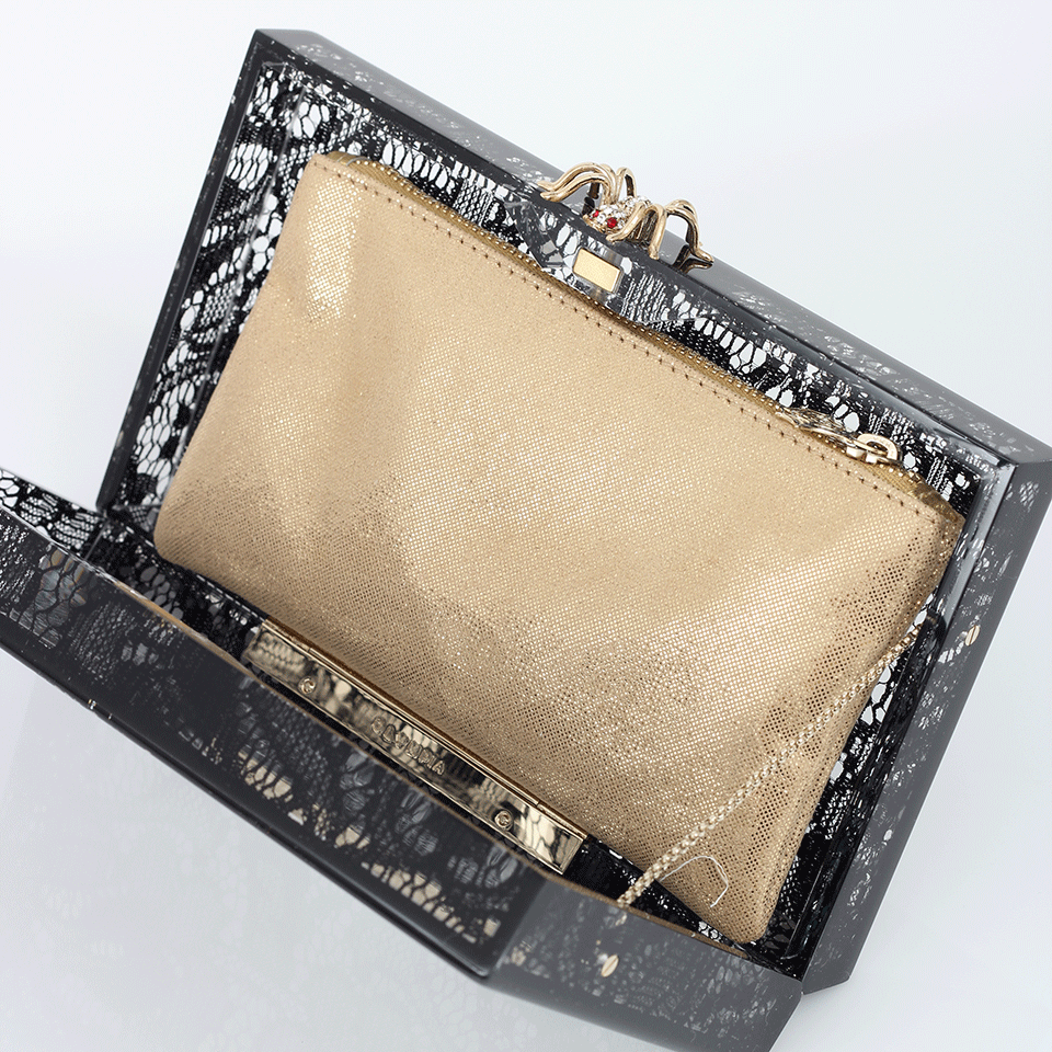 CHARLOTTE OLYMPIA-Pandora Lacey Perspex Clutch-BLK/TRAN