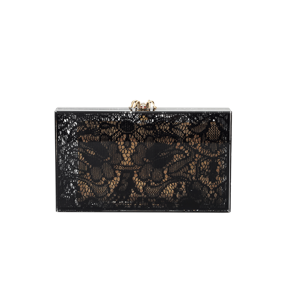 CHARLOTTE OLYMPIA-Pandora Lacey Perspex Clutch-BLK/TRAN