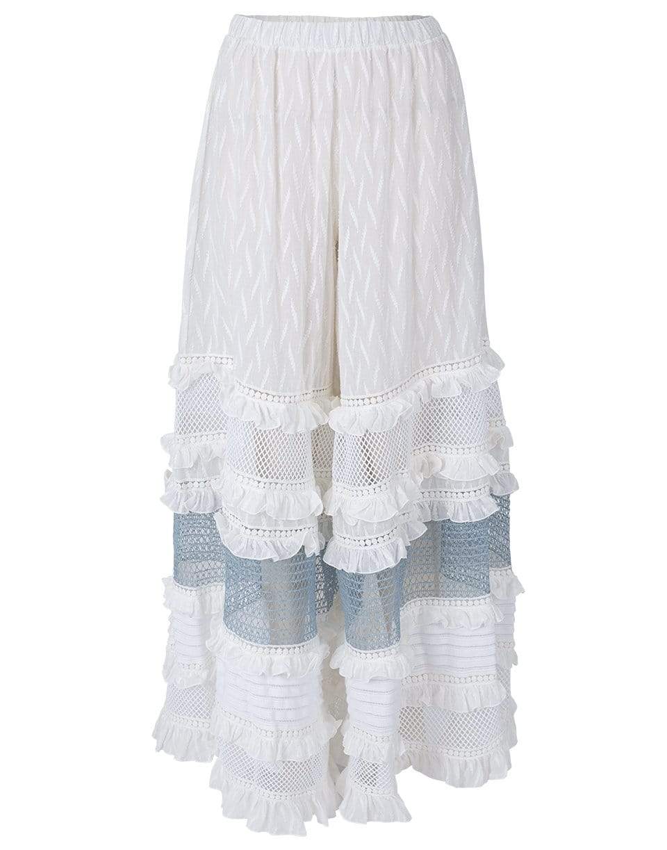 CHIO-Mesh Ruflle Wide Leg Pant-WHT/BLUE