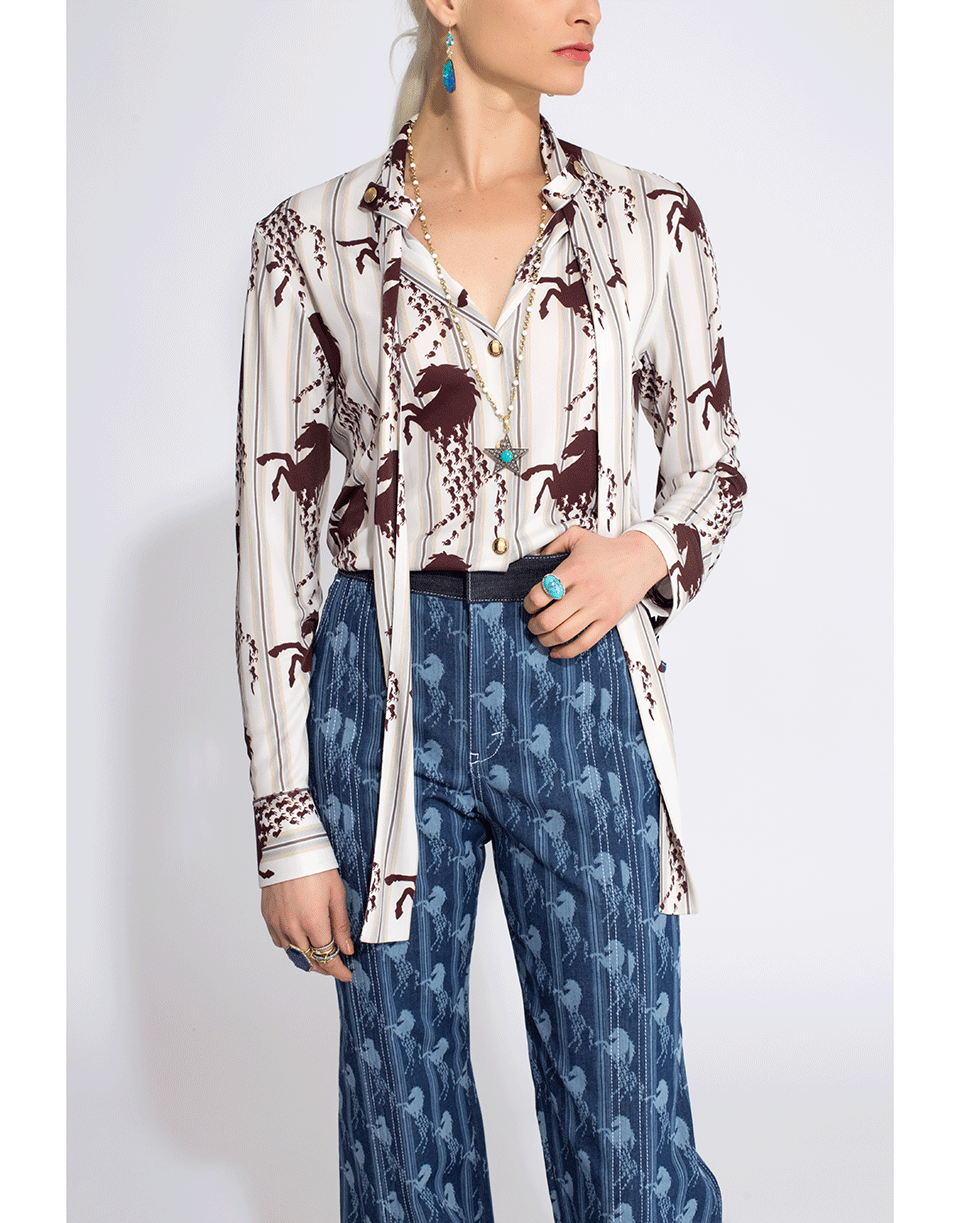 CHLOÉ-Striped Horse Neck Tie Blouse-