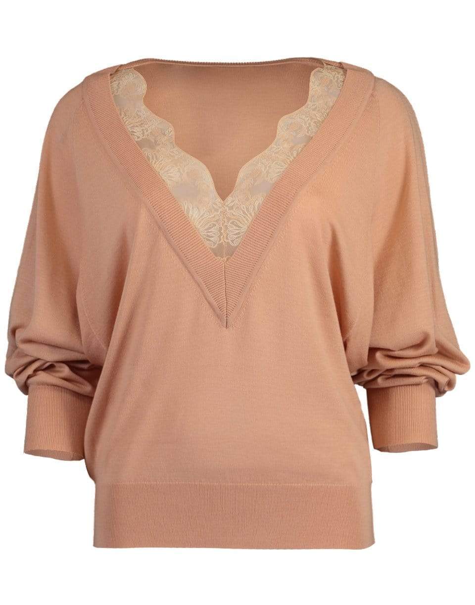 CHLOÉ-Milky Pink Lace Trim Sweater-