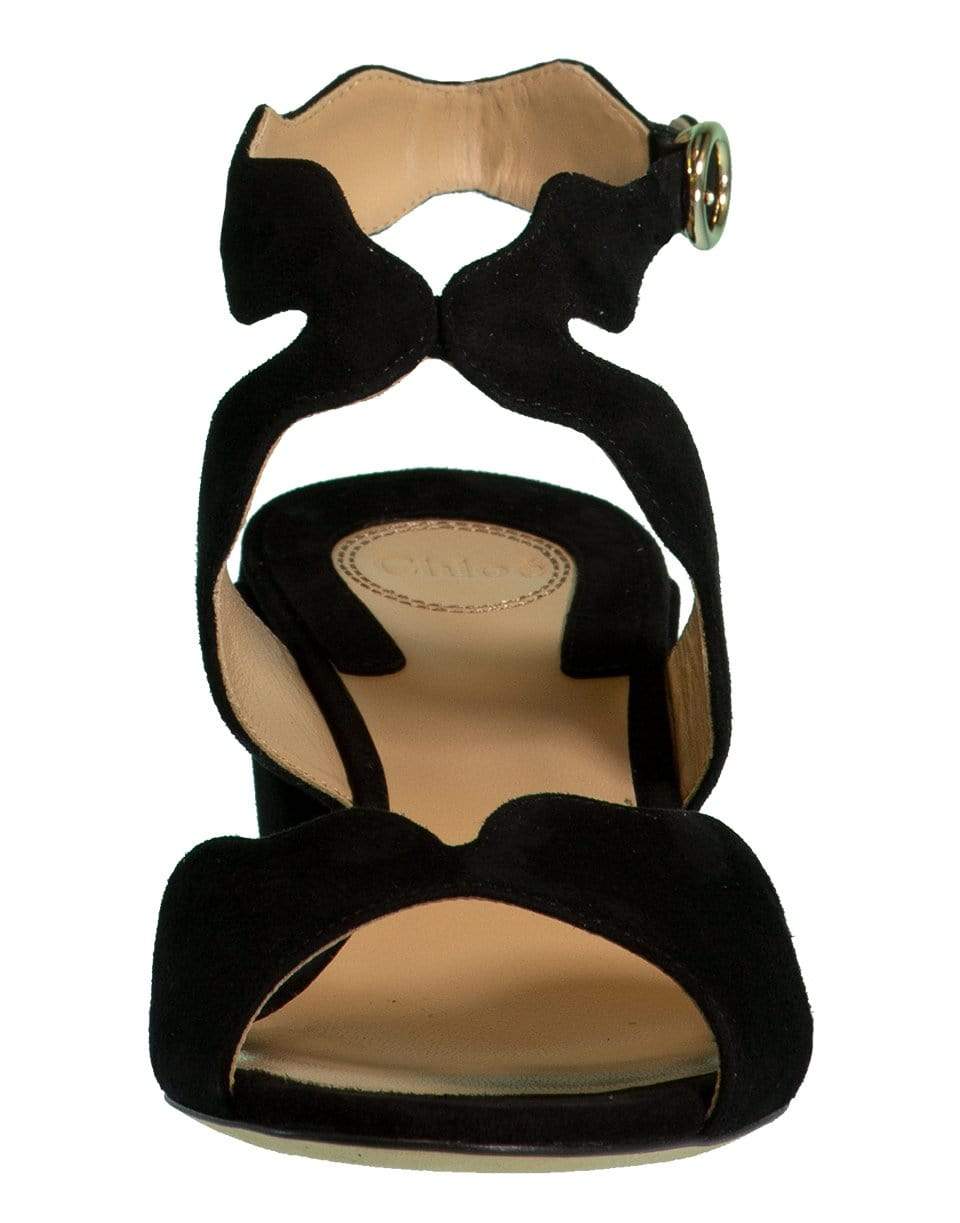 CHLOÉ-Black Scallop Chunky Heel Sandal-