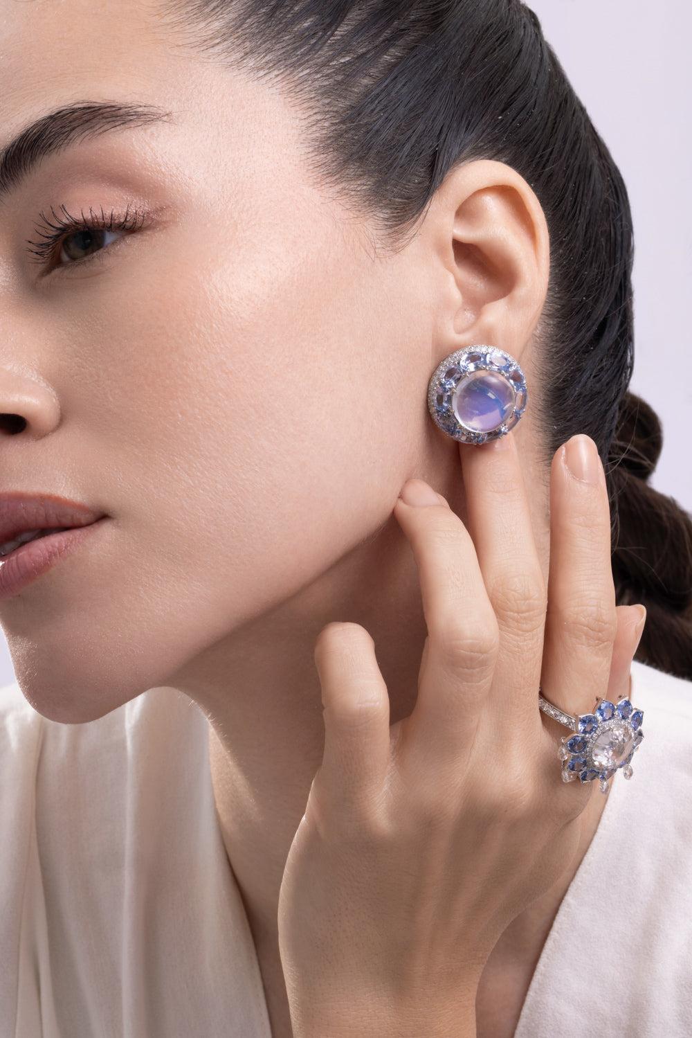 Moonstone Sapphire Diamond Circle Earrings-PLATINUM-JEWELRYFINE JEWELEARRING-CICADA
