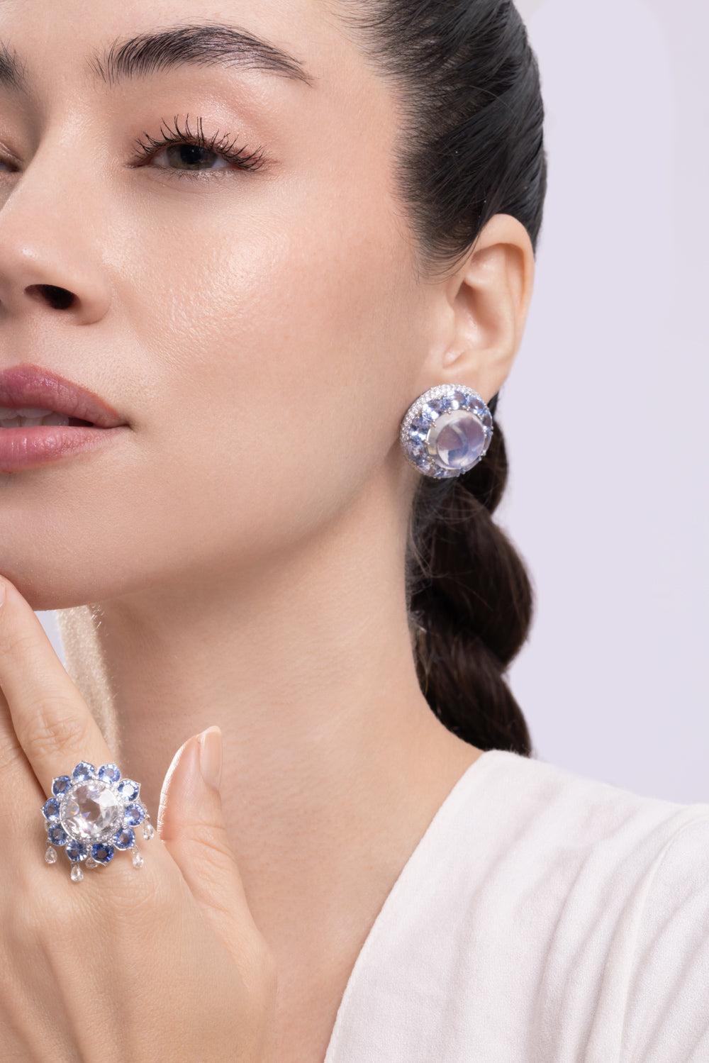 Moonstone Sapphire Diamond Circle Earrings-PLATINUM-JEWELRYFINE JEWELEARRING-CICADA