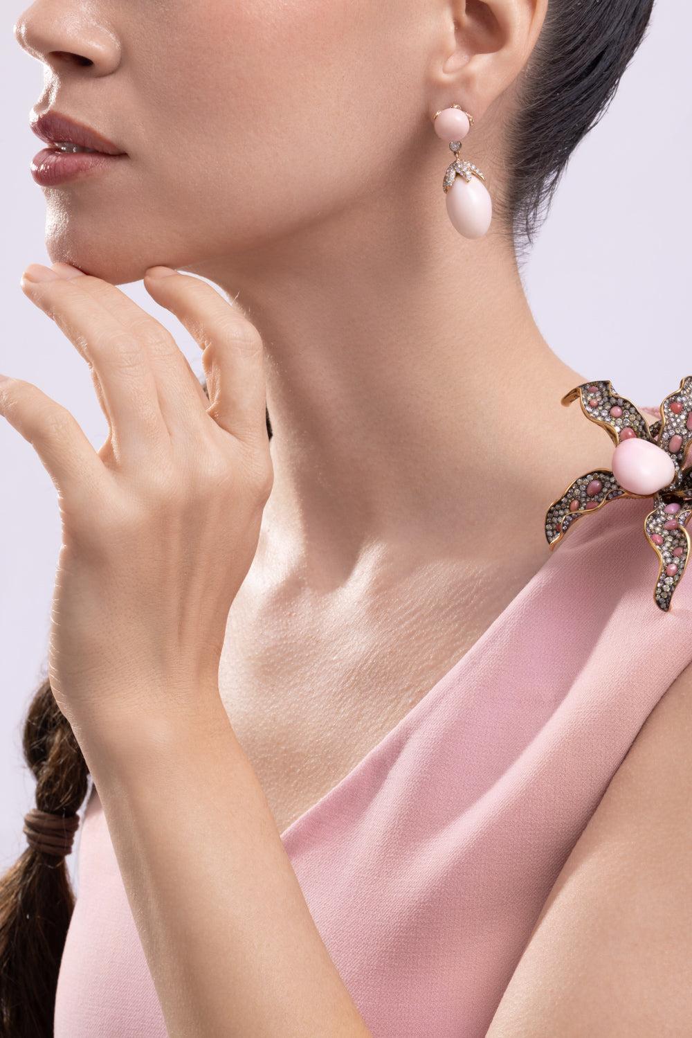 Diamond Round Conch Drop Earrings-YELLOW GOLD-JEWELRYFINE JEWELEARRING-CICADA