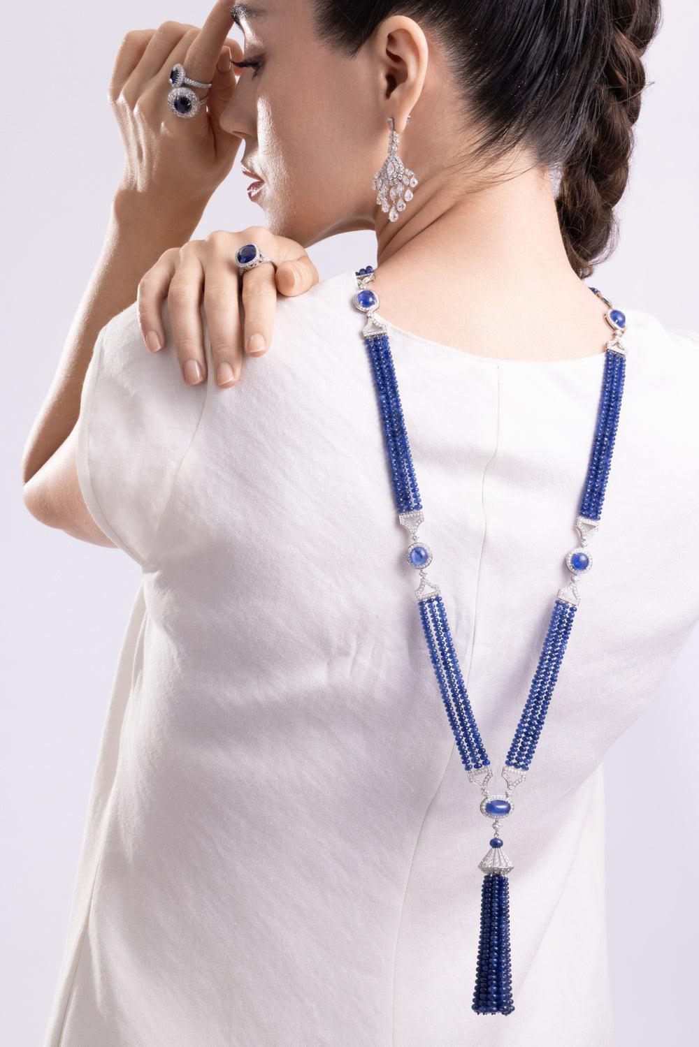 Blue Sapphire Diamond Beaded Tassel Necklace-PLATINUM-JEWELRYFINE JEWELNECKLACE O-CICADA