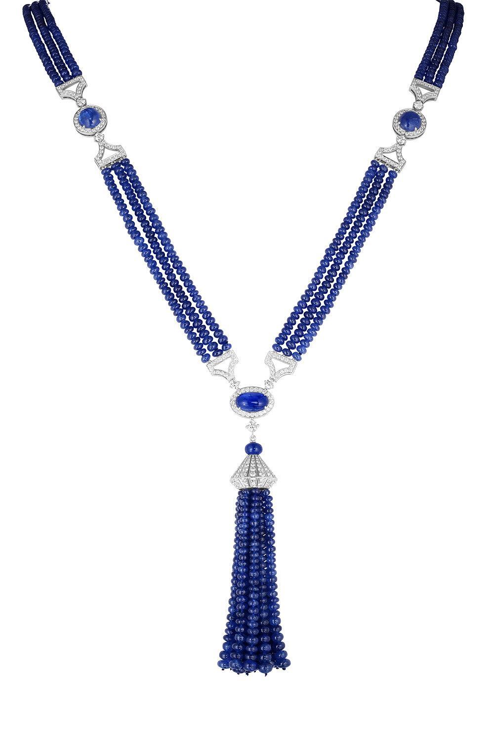Blue Sapphire Diamond Beaded Tassel Necklace-PLATINUM-JEWELRYFINE JEWELNECKLACE O-CICADA