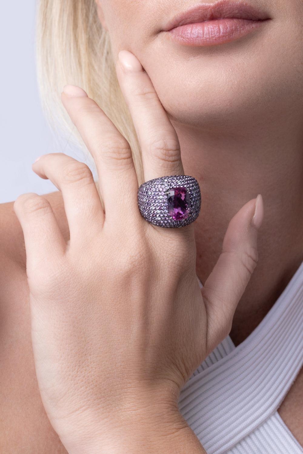 Pink Tourmaline Sapphire Diamond Statement Ring-BLACK GOLD-JEWELRYFINE JEWELRING-CICADA
