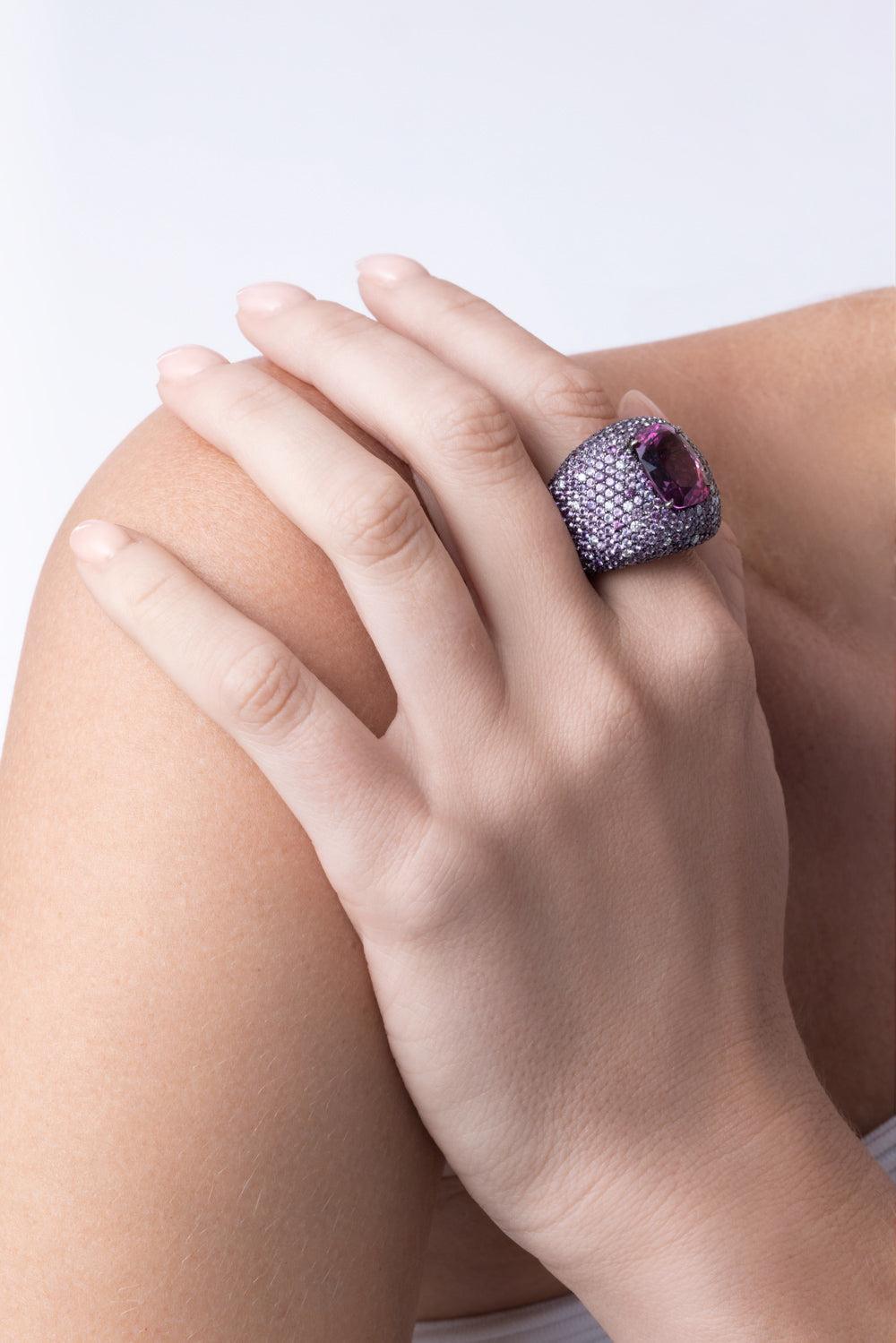 Pink Tourmaline Sapphire Diamond Statement Ring-BLACK GOLD-JEWELRYFINE JEWELRING-CICADA