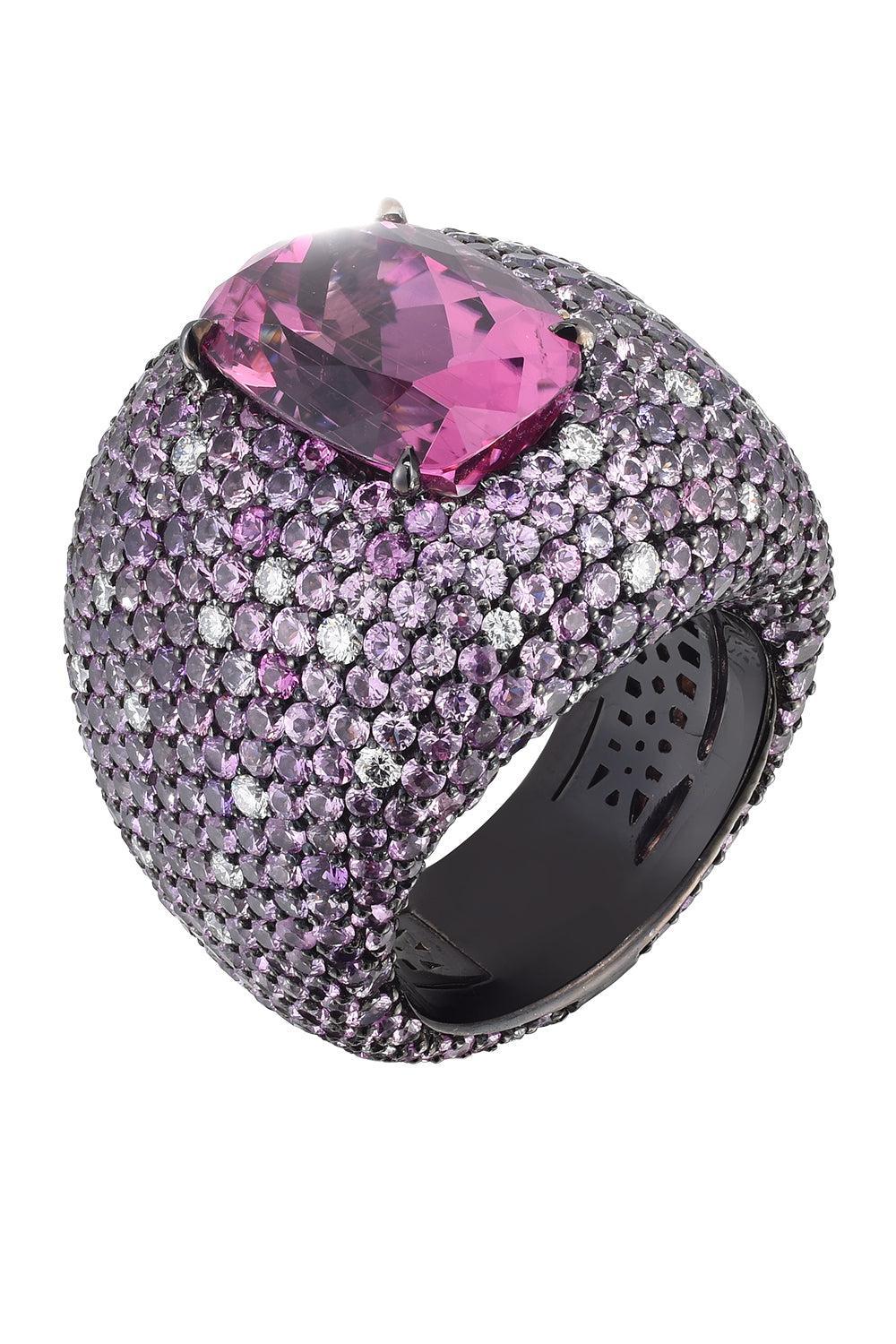 Pink Tourmaline Sapphire Diamond Statement Ring-BLACK GOLD-JEWELRYFINE JEWELRING-CICADA