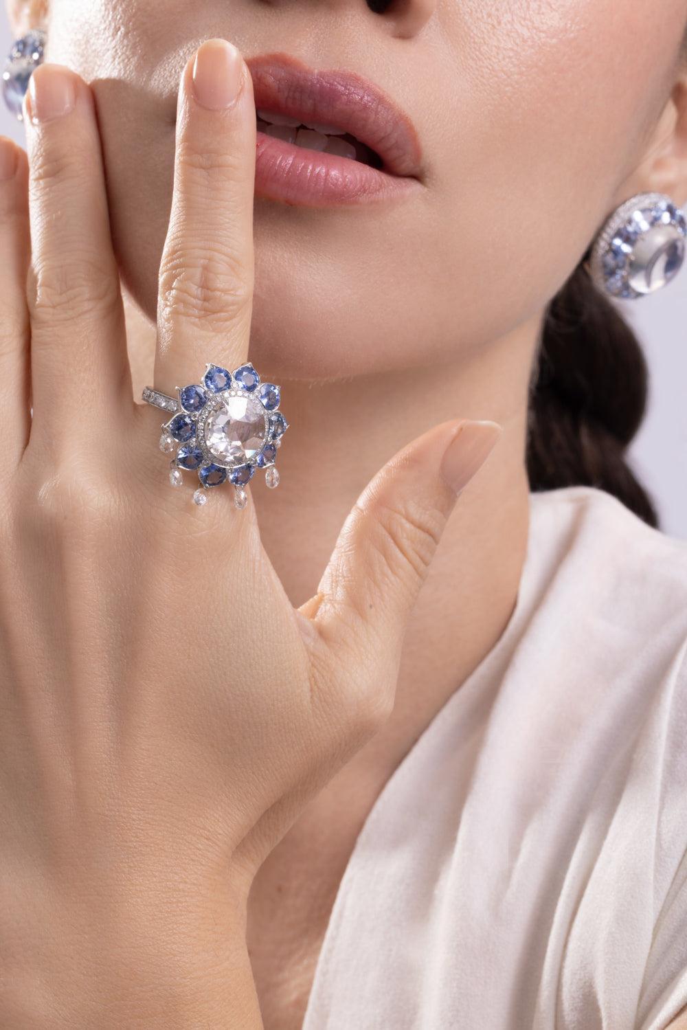 Diamond Blue Sapphire Flower Ring-PLATINUM-7.25-JEWELRYFINE JEWELRING-CICADA