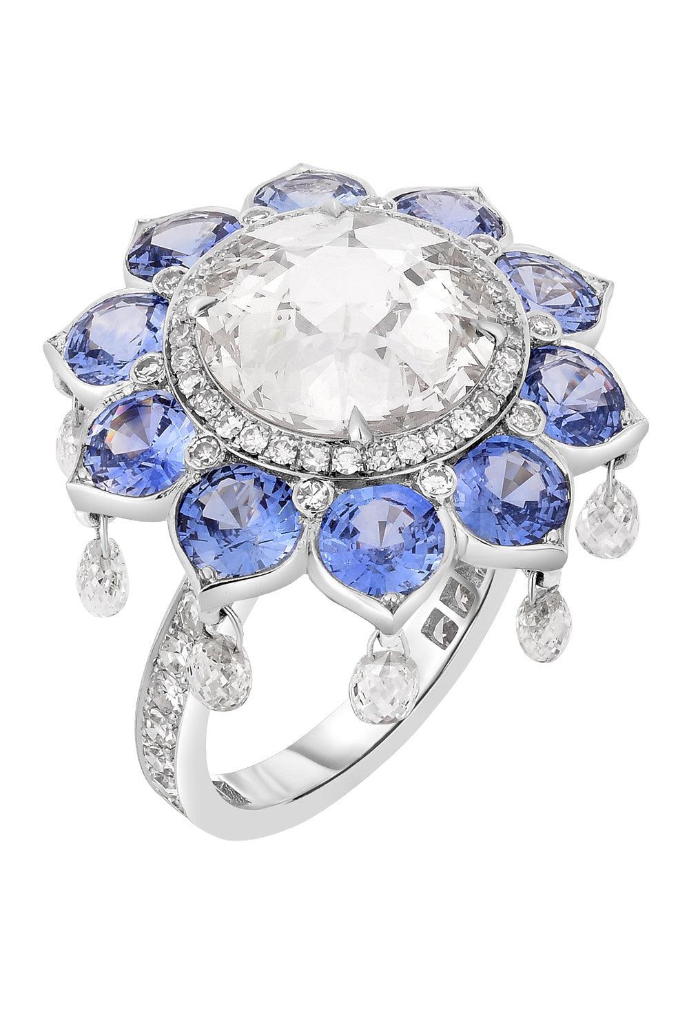 Diamond Blue Sapphire Flower Ring-PLATINUM-7.25-JEWELRYFINE JEWELRING-CICADA