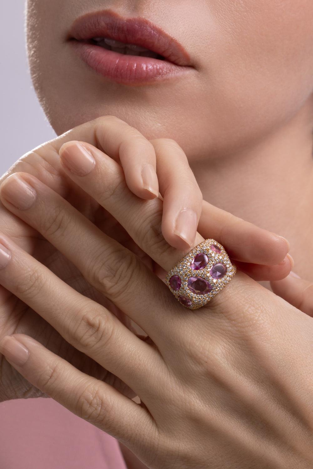 Pink Sapphire Diamond Cobblestone Ring-YELLOW GOLD-7.25-JEWELRYFINE JEWELRING-CICADA