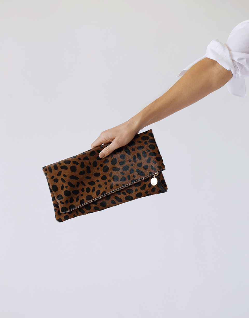 CLARE V-Leopard Hair Foldover Clutch-LEOPARD