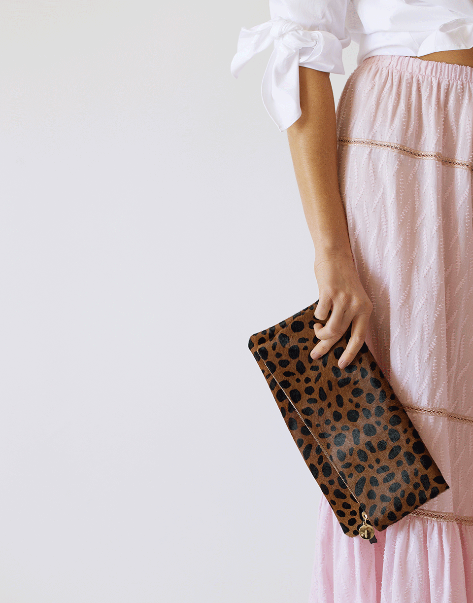 CLARE V-Leopard Hair Foldover Clutch-LEOPARD