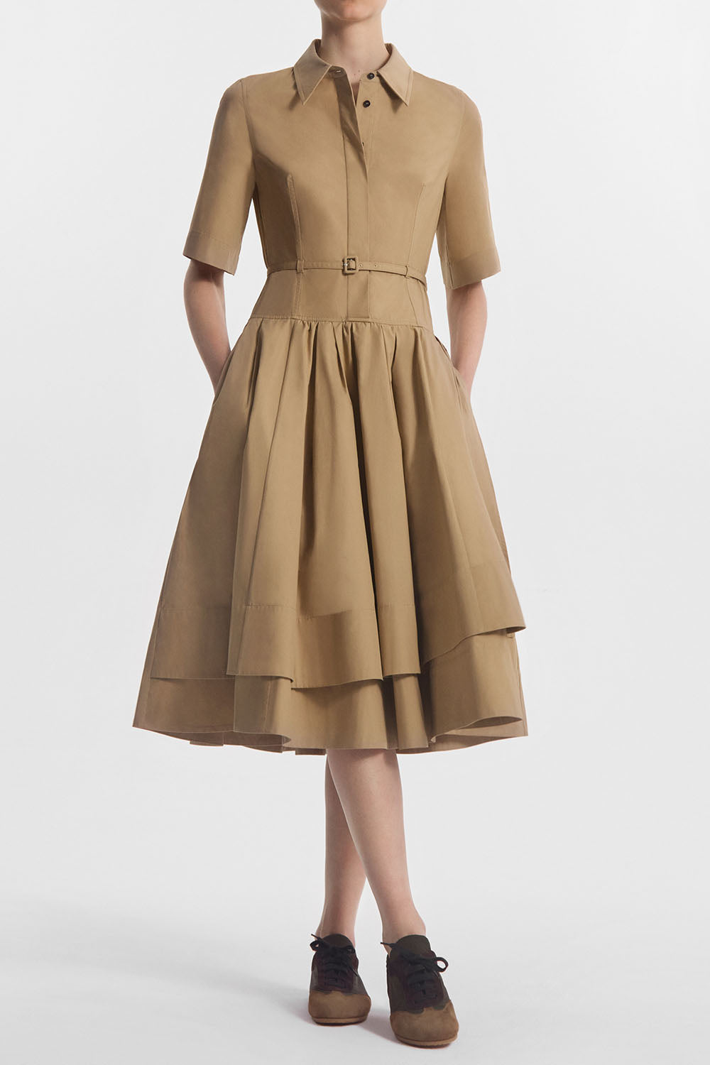  Short Sleeve Belted Dress-BROWN-XS-CLOTHINGDRESSCASUAL-CO COLLECTION 