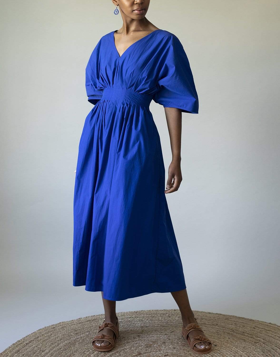 CO COLLECTION-Cotton Tucked Waist V Neck Dress - Cobalt-