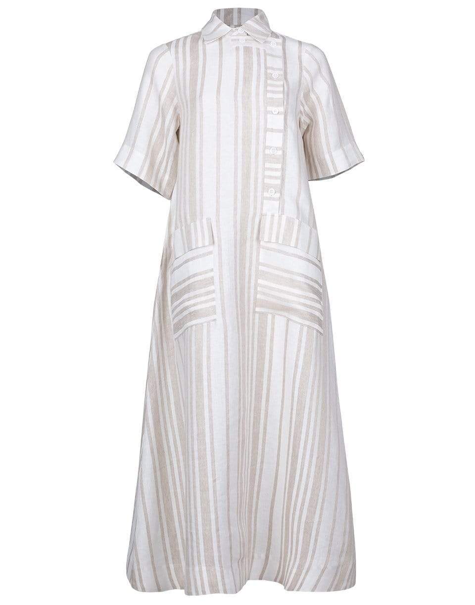 CO COLLECTION-Asymmetrical Closure Linen Shirt Dress - Taupe Stripe-