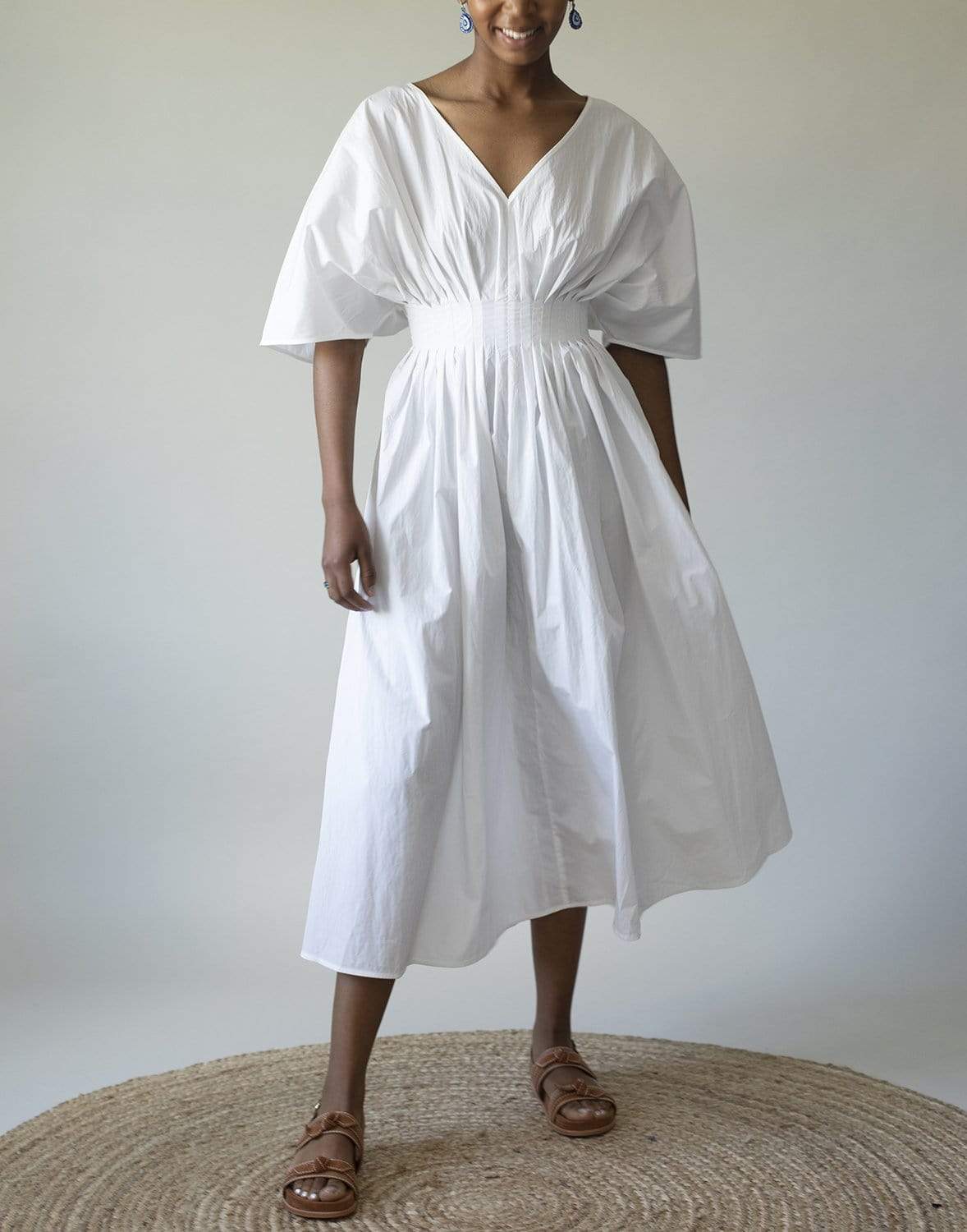 CO COLLECTION-Cotton Tucked Waist V Neck Dress - White-