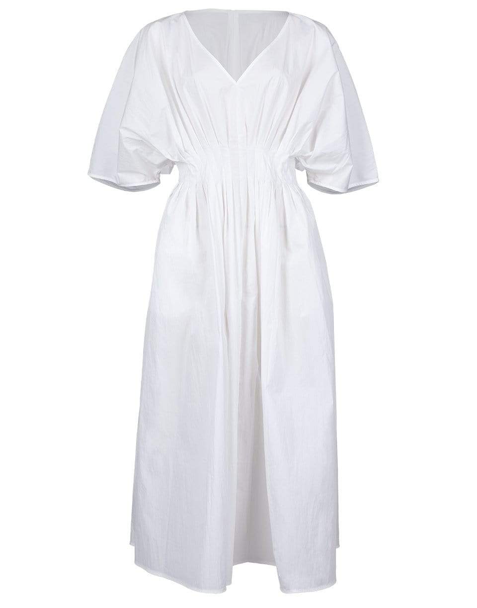 CO COLLECTION-Cotton Tucked Waist V Neck Dress - White-