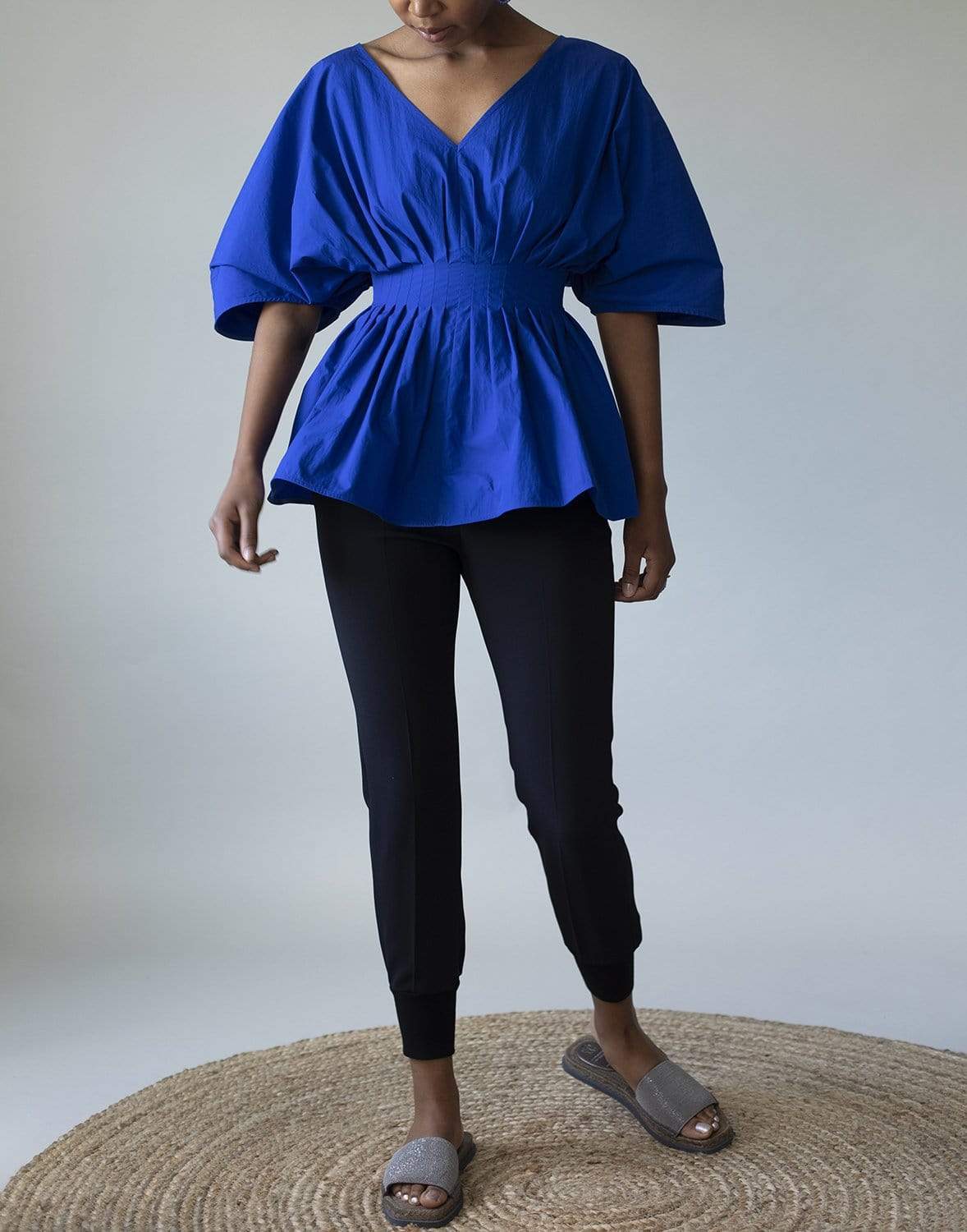 CO COLLECTION-Cotton Tucked Waist V Neck Blouse - Cobalt-