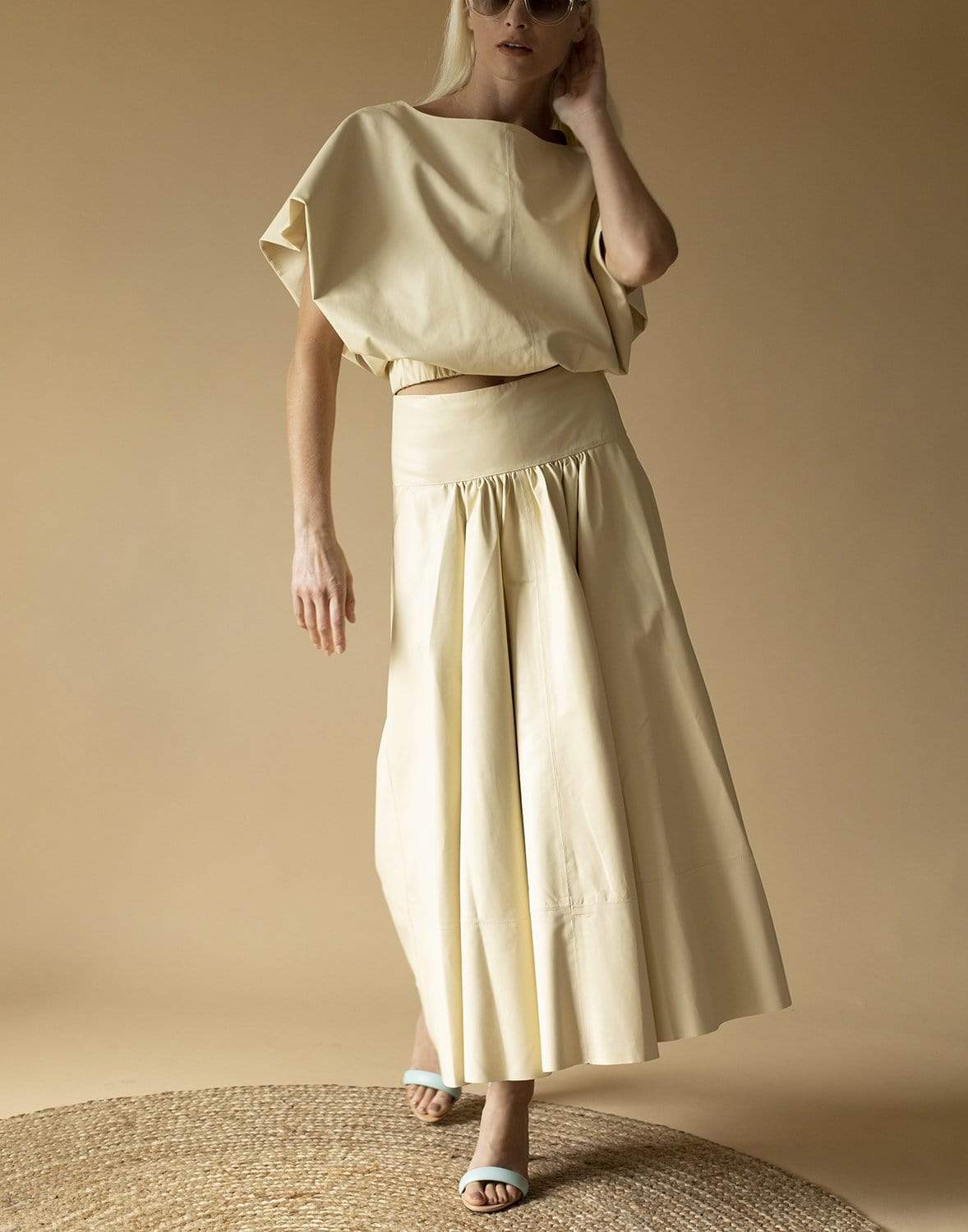 CO COLLECTION-Leather Cap Sleeve Blouse-CREAM