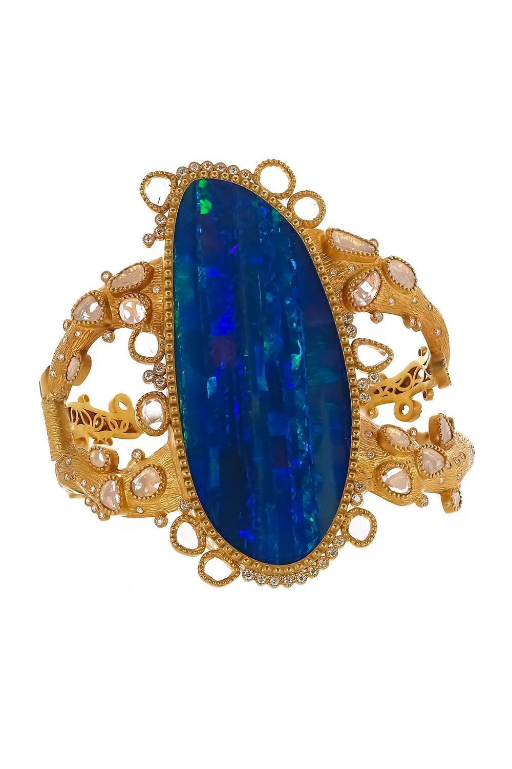  Blue Opal Diamond Hand Painted Cuff Bracelet-YELLOW GOLD-2.6-JEWELRYFINE JEWELBRACELET O-COOMI 