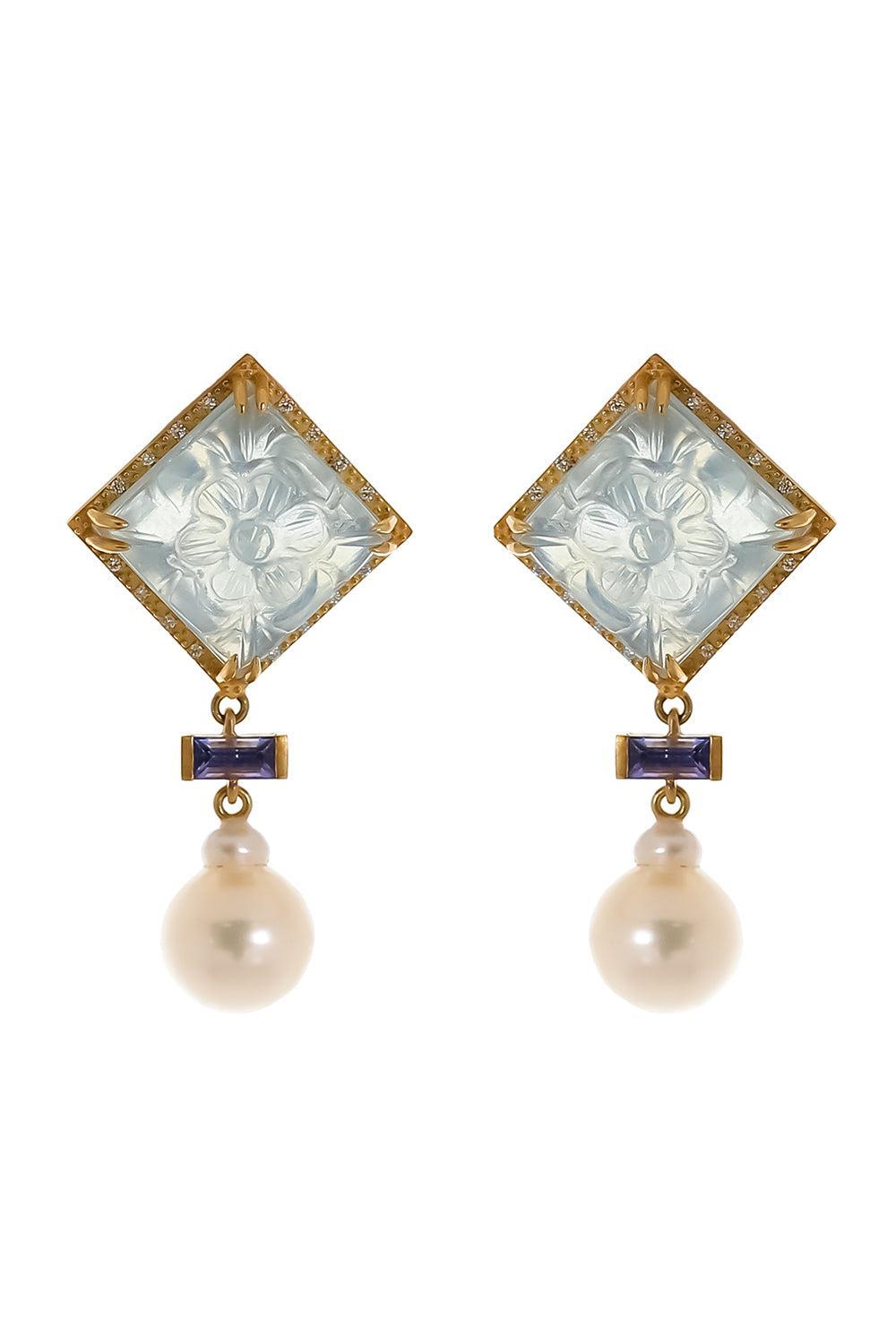 Aquamarine Pearl Drop Carved Earrings-YELLOW GOLD-JEWELRYFINE JEWELEARRING-COOMI