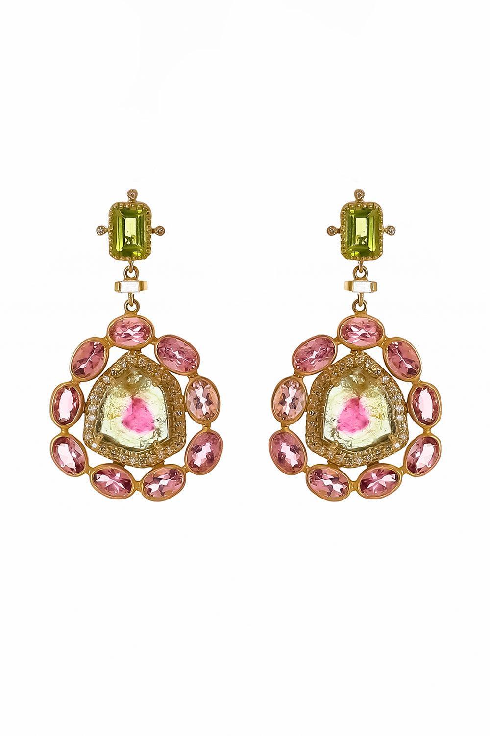 Watermelon Tourmaline Peridot Flower Earrings-YELLOW GOLD-JEWELRYFINE JEWELEARRING-COOMI