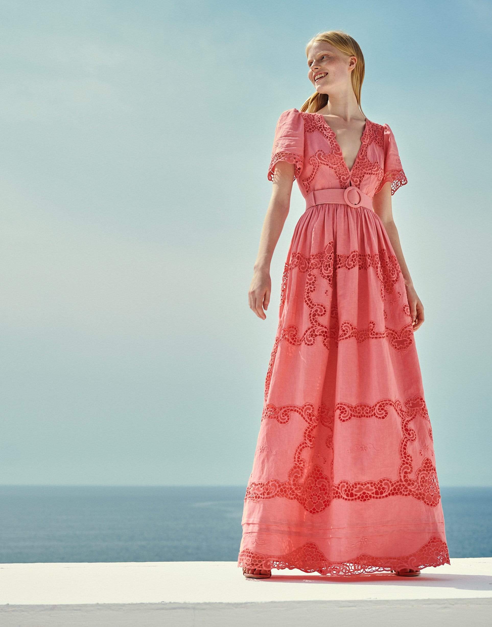 COSTARELLOS-Loanna Linen Plunging-Neckline Gown-
