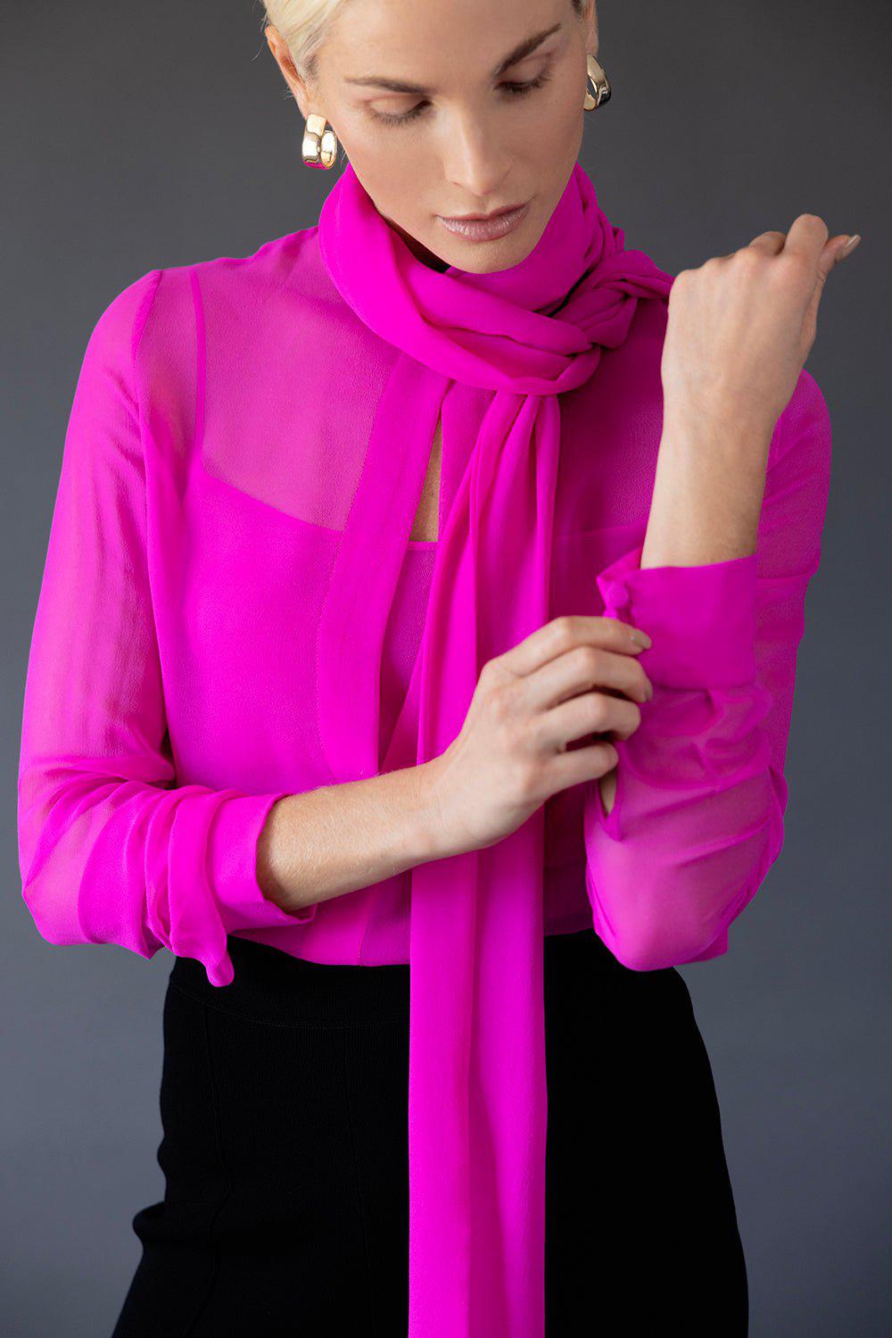 COSTARELLOS-Tie Neck Button Down Blouse-