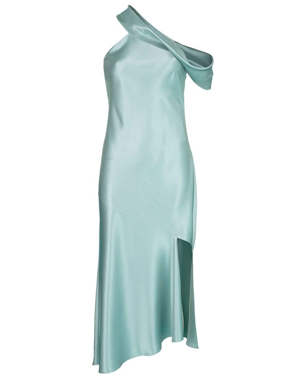 CUSHNIE-Sea Green Off Shoulder Slip Dress-