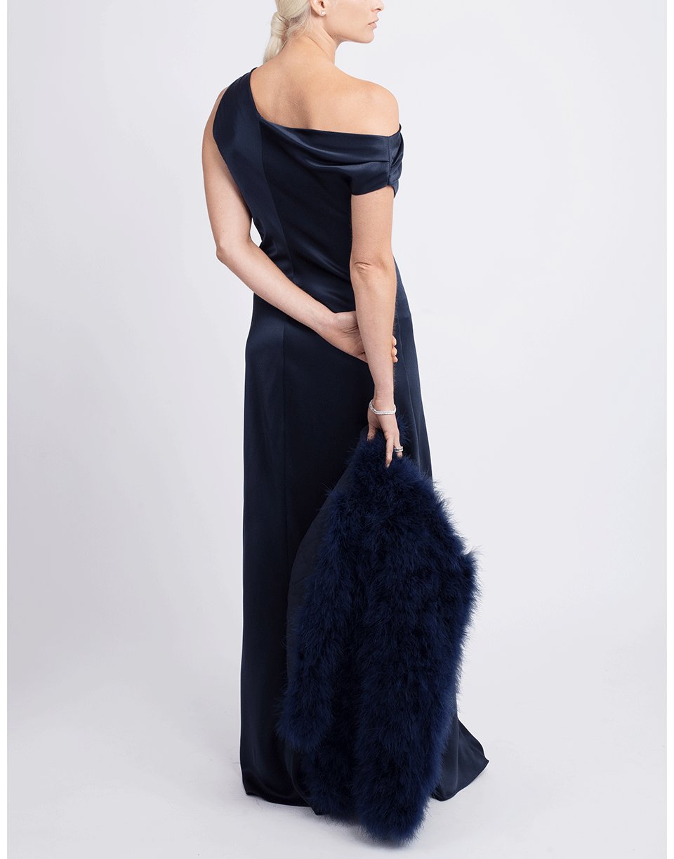 CUSHNIE-Off Shoulder Draped Gown-NAVY
