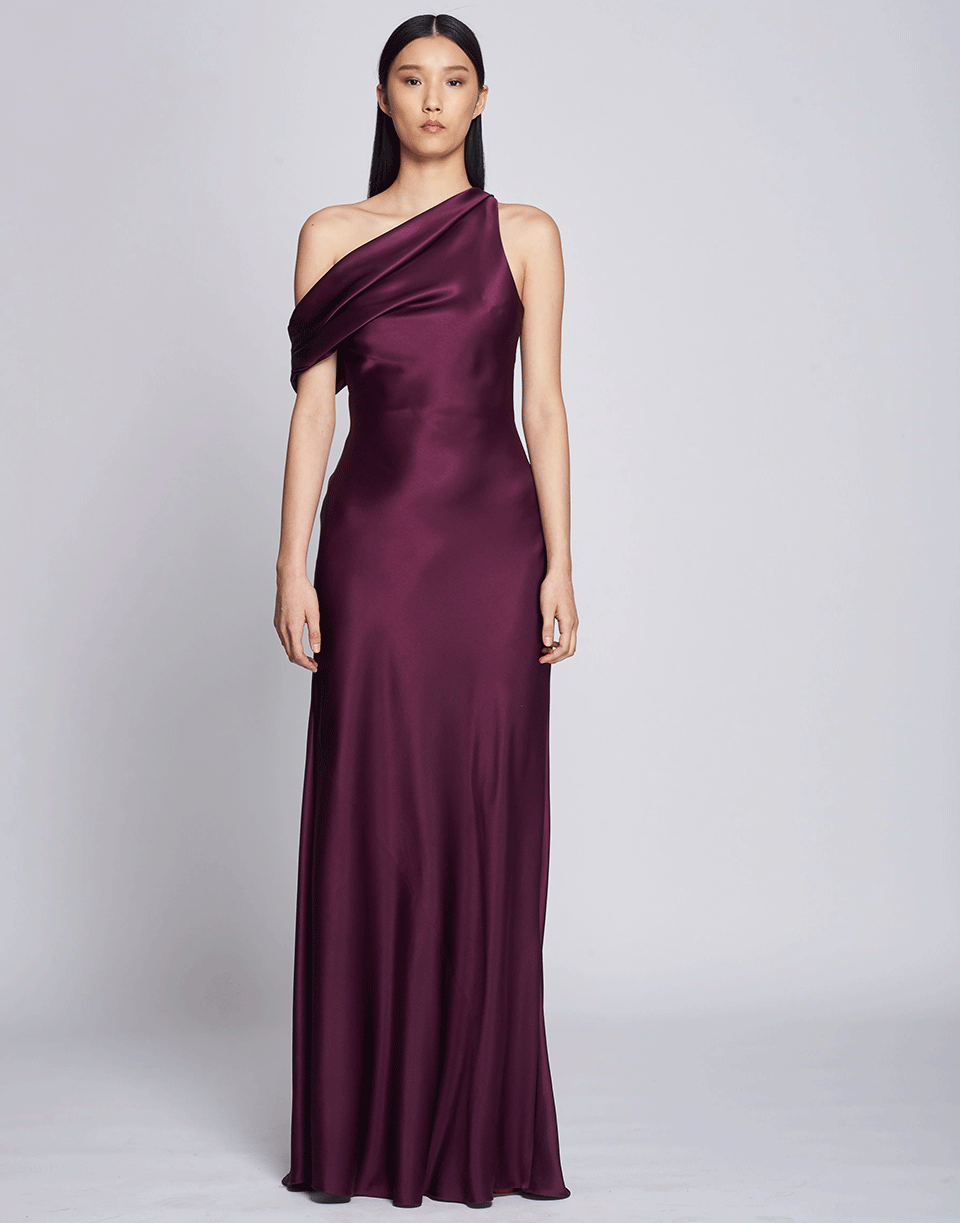CUSHNIE-Off Shoulder Draped Grown-PLUM