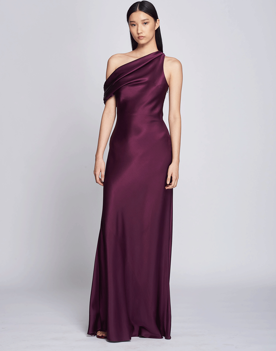 CUSHNIE-Off Shoulder Draped Grown-PLUM