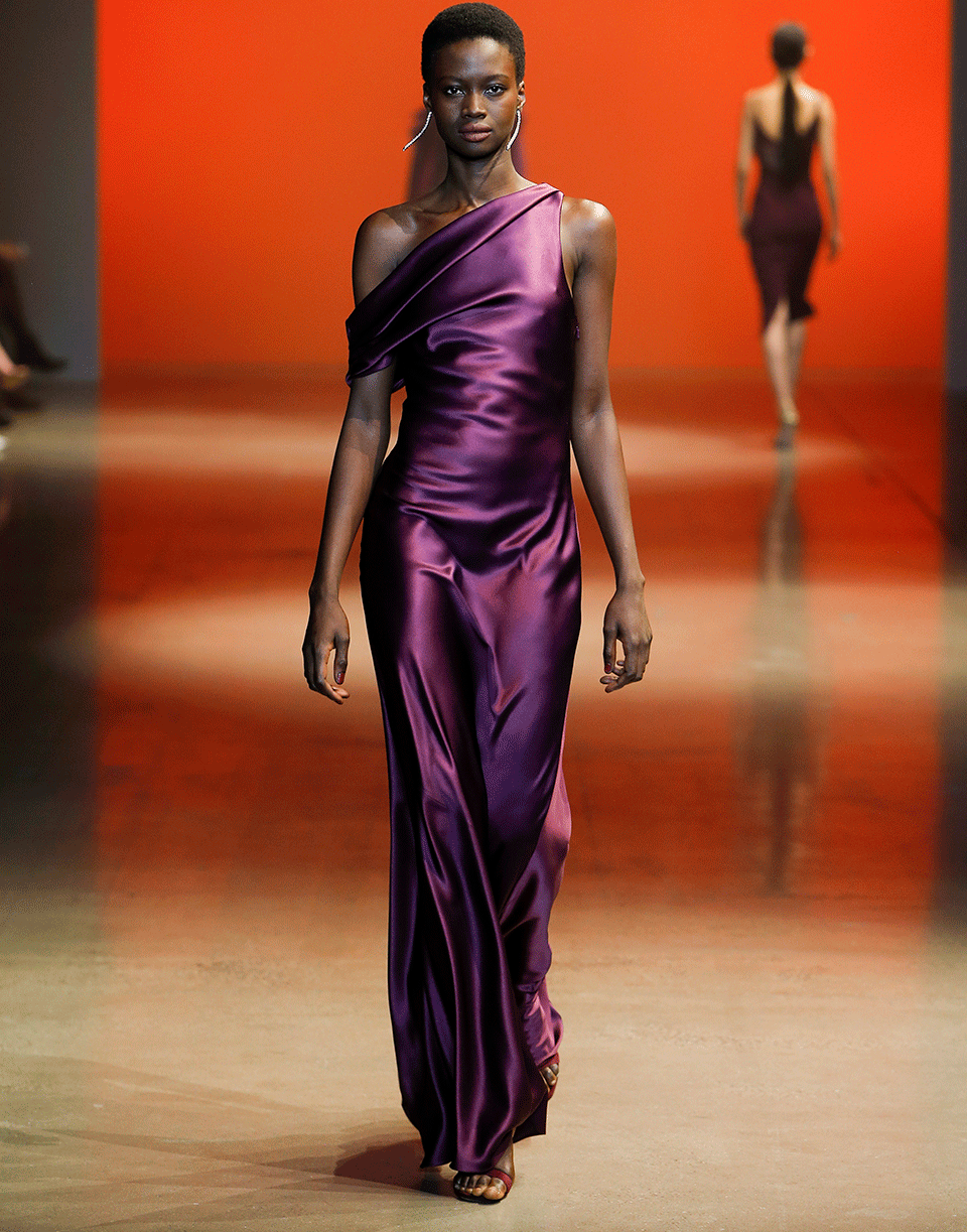 CUSHNIE-Off Shoulder Draped Grown-PLUM