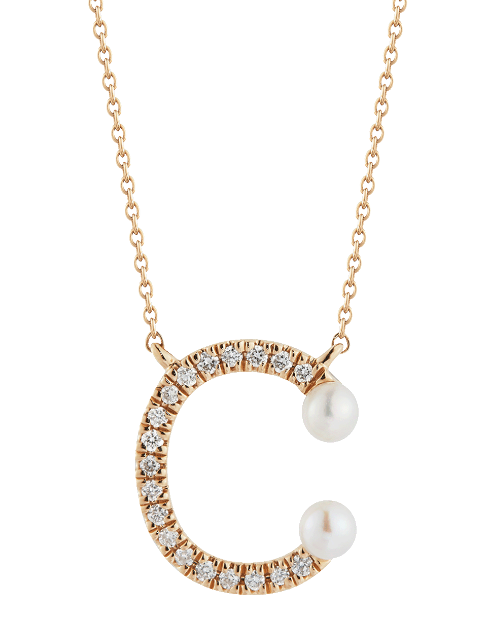 DANA REBECCA DESIGNS-Pearl and Diamond 'C' Pendant Necklace-YELLOW GOLD