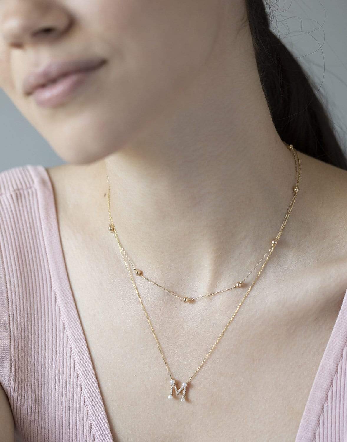 DANA REBECCA DESIGNS-Pearl and Diamond 'M' Pendant Necklace-YELLOW GOLD