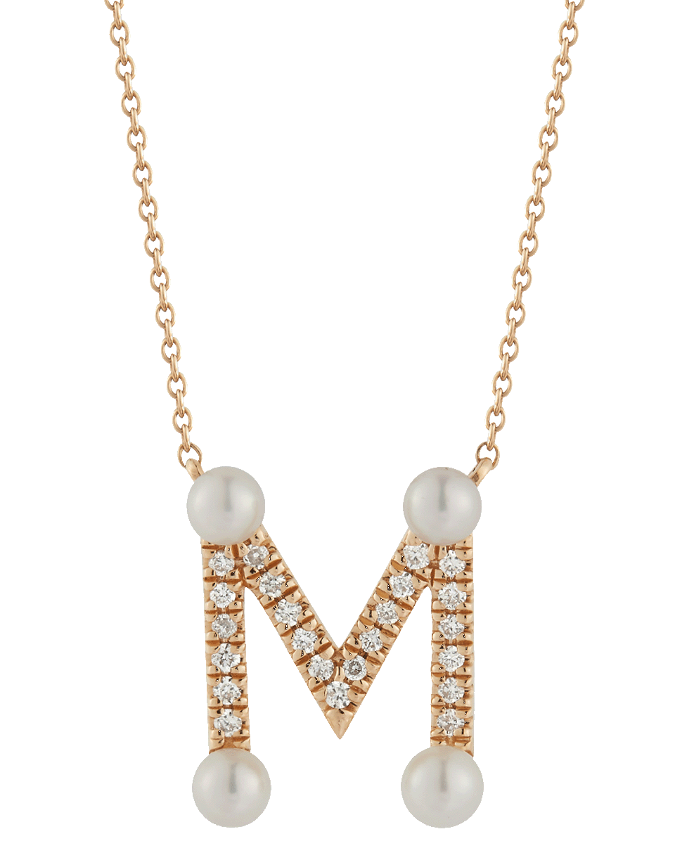 DANA REBECCA DESIGNS-Pearl and Diamond 'M' Pendant Necklace-YELLOW GOLD