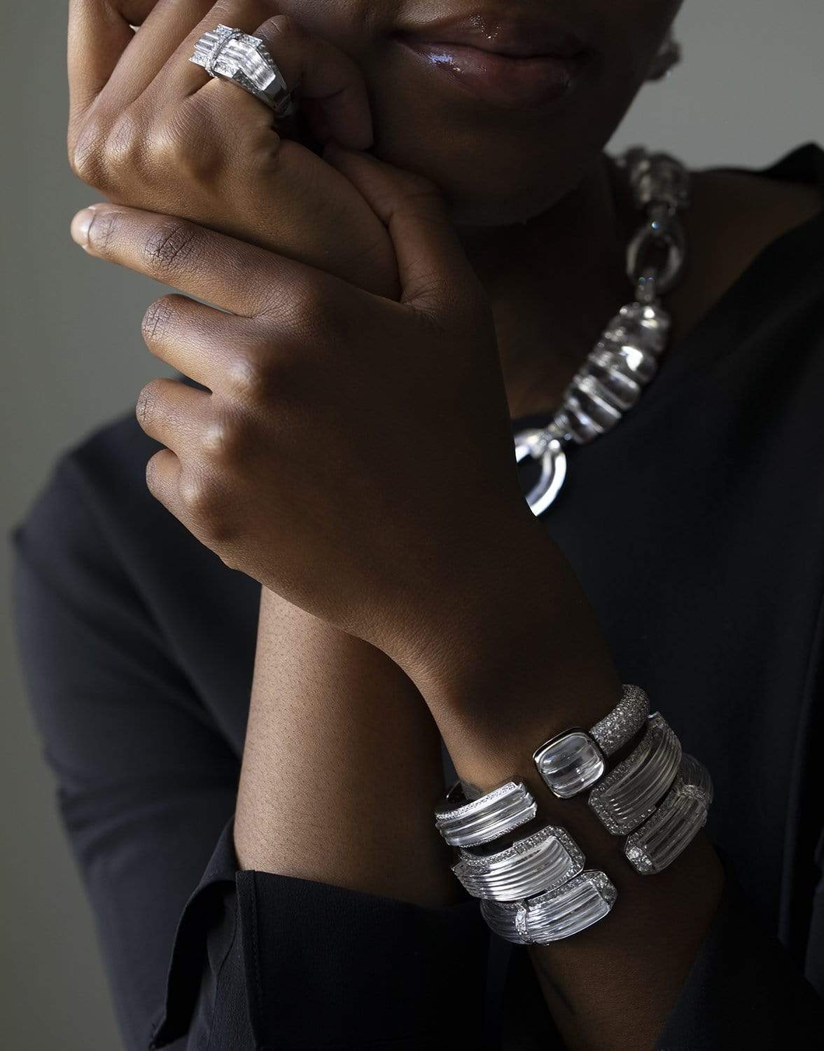 DAVID WEBB-Rock Crystal, Black Enamel and Diamond Bracelet-PLATINUM