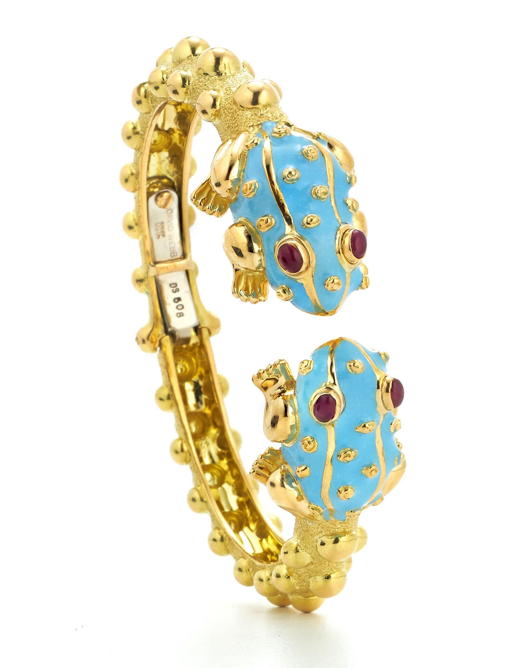 DAVID WEBB-Light Blue Enamel and Ruby Baby Frog Bangle-YELLOW GOLD