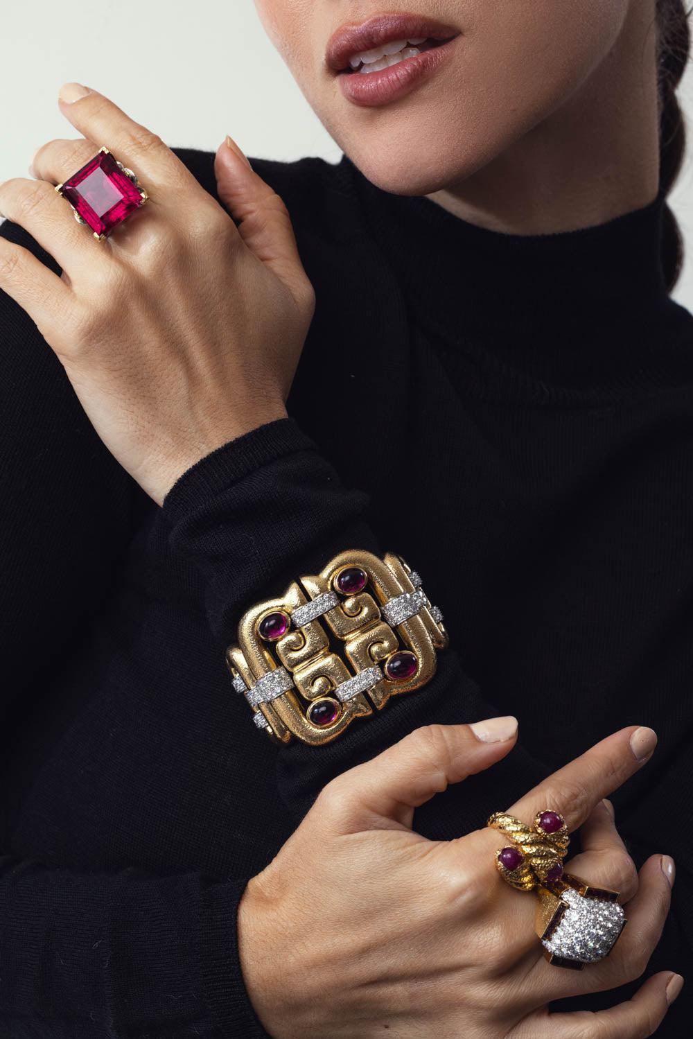 DAVID WEBB-Open Scroll Rubellite Diamond Cuff Bracelet-YELLOW GOLD
