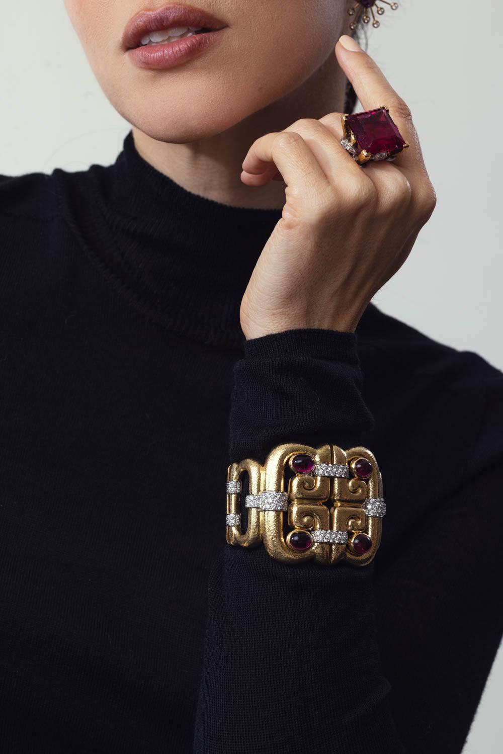 DAVID WEBB-Open Scroll Rubellite Diamond Cuff Bracelet-YELLOW GOLD
