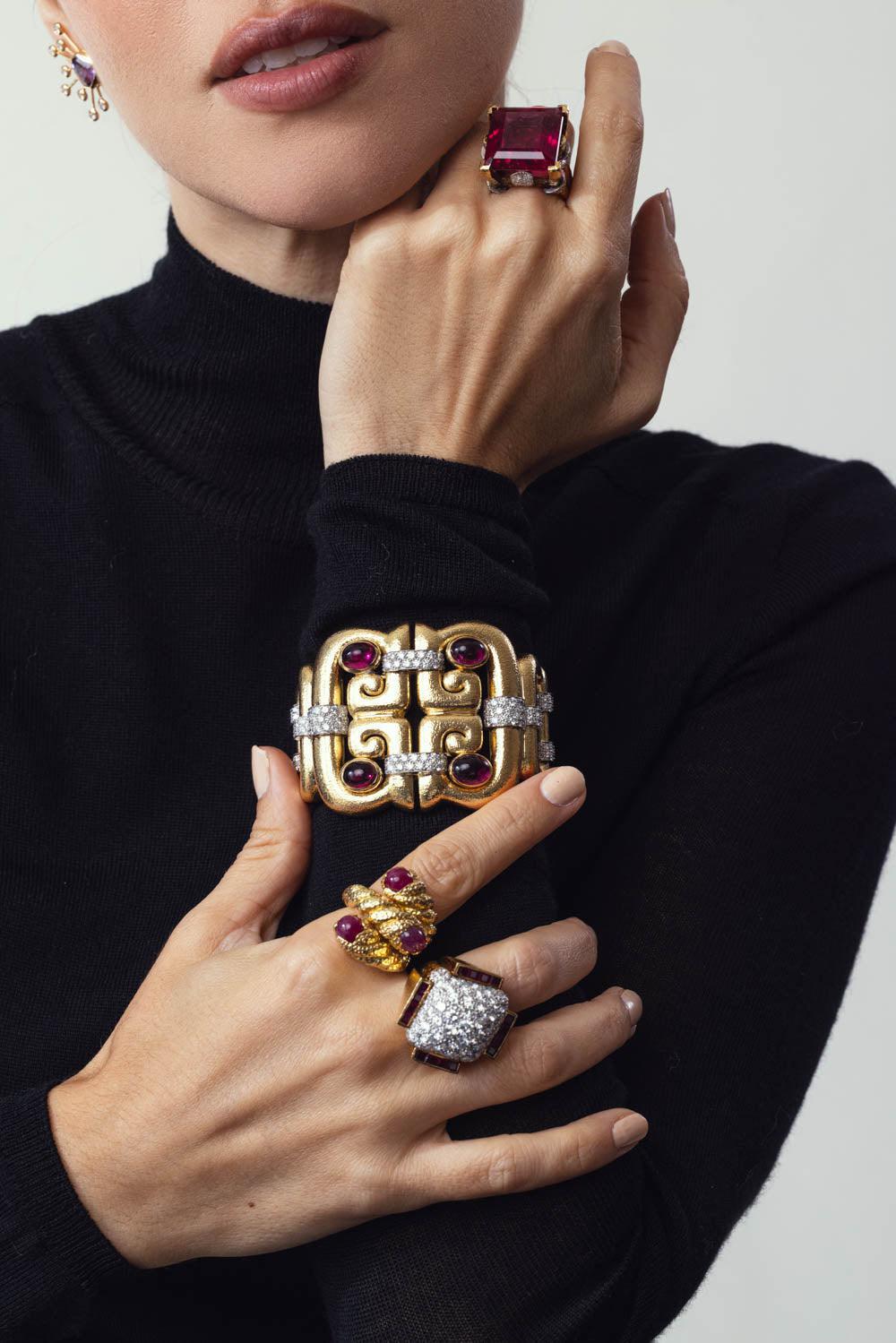 DAVID WEBB-Open Scroll Rubellite Diamond Cuff Bracelet-YELLOW GOLD