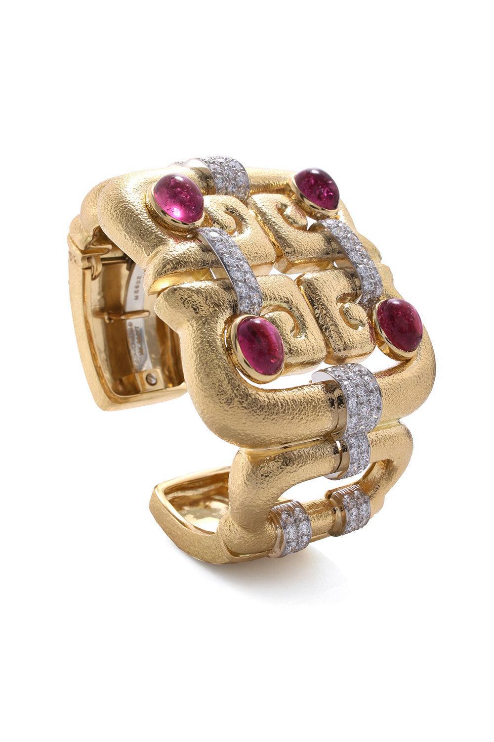 DAVID WEBB-Open Scroll Rubellite Diamond Cuff Bracelet-YELLOW GOLD