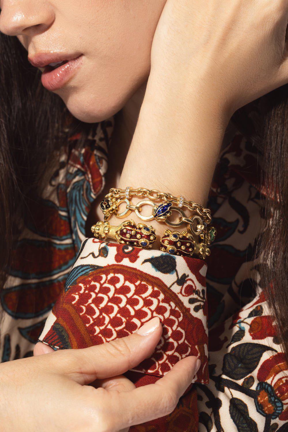 DAVID WEBB-Red Enamel Sapphire Frog Bangle Bracelet-YELLOW GOLD